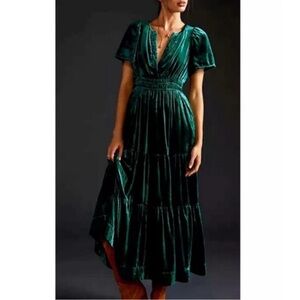 Anthropologie Sumerest Dark Green Velvet Maxi Dress Size Large